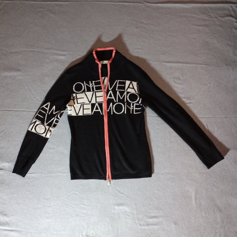 Neve Allegra Amo Logo Mock Neck Cardigan Full Zip Wool Ski Sweater Black